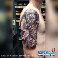 آموزش تتوی سه بعدی ساعت و کبوتر روی بازو