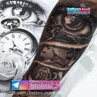 آموزش تتوی چشم و ساعت و گل سرخ روی ساعد