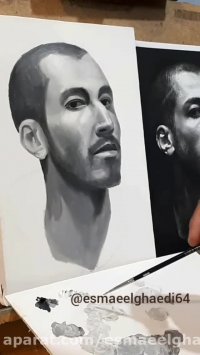 سیاه و سفید گام شناسی در رنگ روغن (پرتره بهرام افشاری)